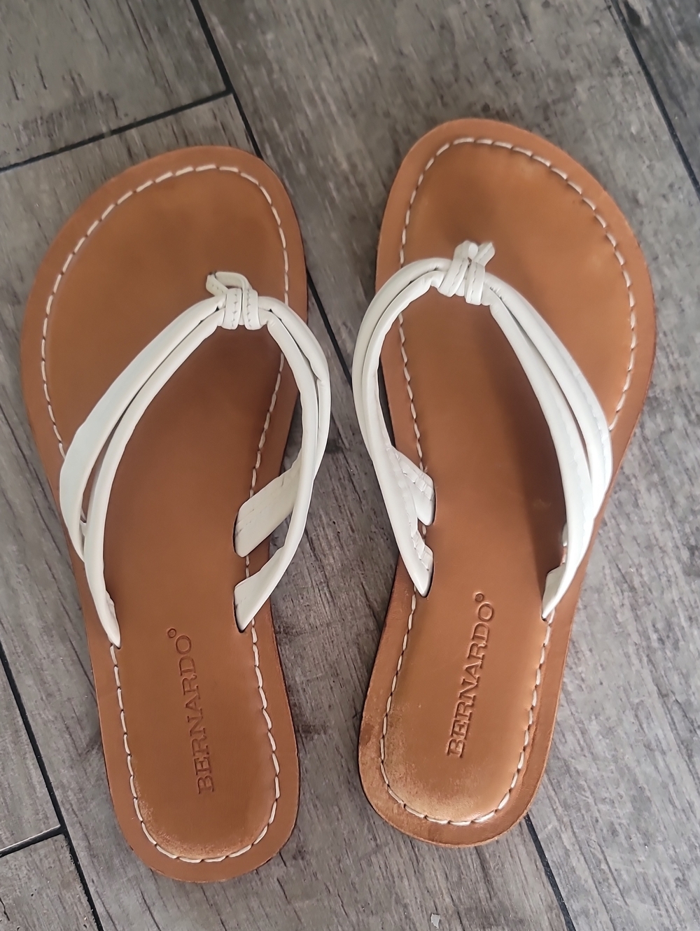 Bernardo Tan Leather Sandals with White Straps
